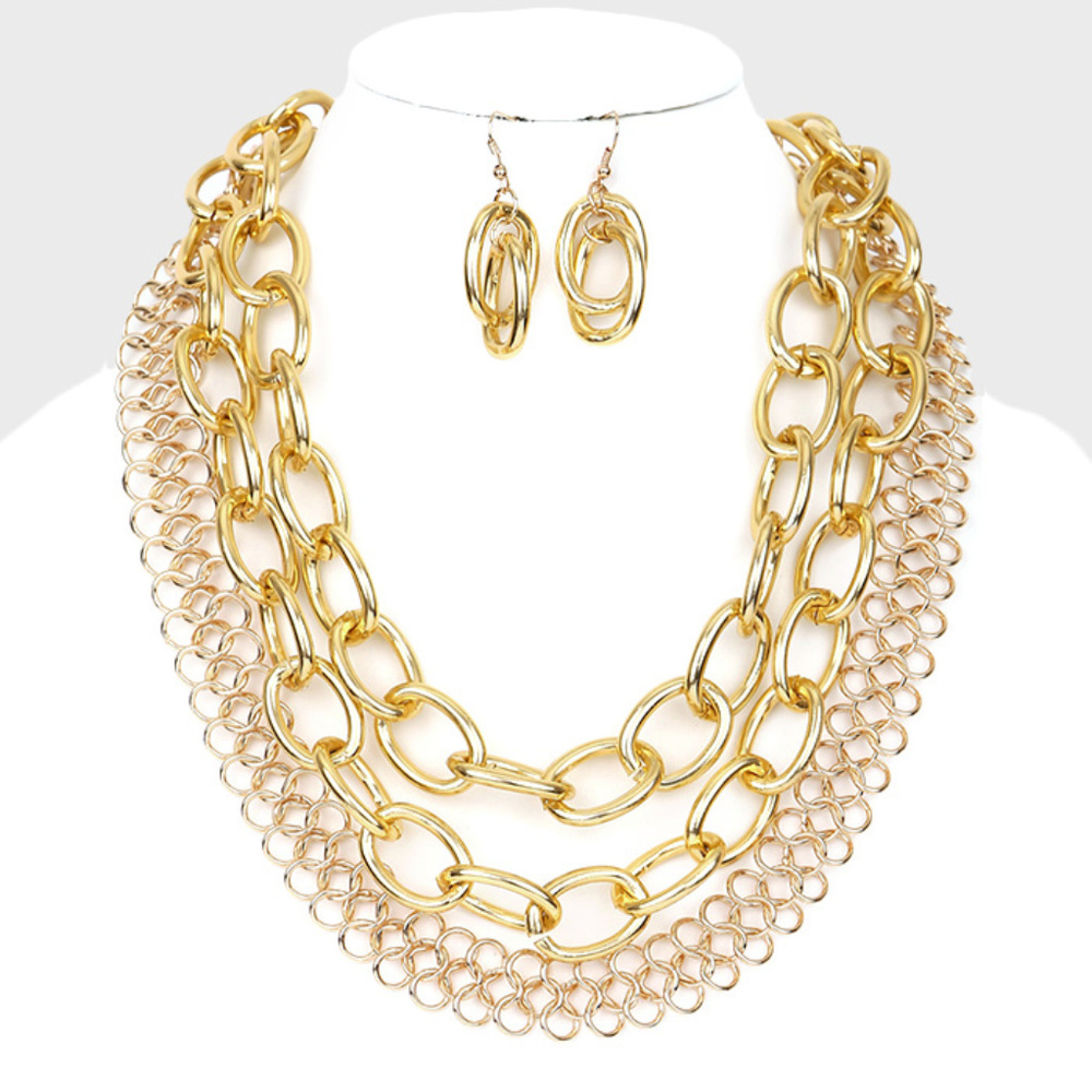 Three Layers Gold Tone Link Necklace Earring Set